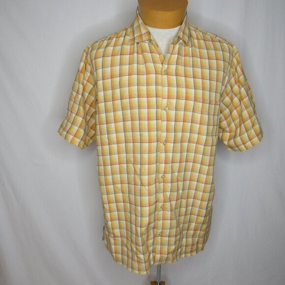 Tommy Bahama Orange Yellow Check Silk Hawaiian Shirt Men's M Medium - Picture 1 of 8